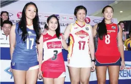  ??  ?? Wearing their new uniforms are (from left) Bea Tan of Foton Tornadoes, Jheck Dionela of Cignal Spykers, Deseree Dadang of Philips Gold and Alexa Micek of Petron. (Bob Dungo Jr.)