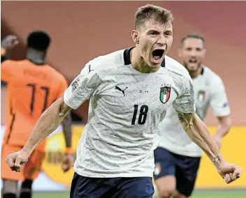  ?? Picture: PIROSCHKA VAN DE WOUW/REUTERS ?? THE WINNER: Italy’s Nicolo Barella celebrates after scoring against the Netherland­s in their Uefa Nations League A, Group 1 match at Johan Cruyff Arena, Amsterdam on Monday.