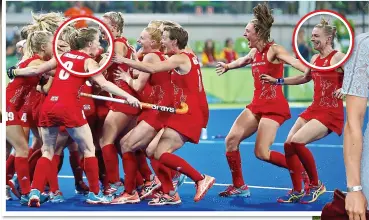  ??  ?? MOMENT OF JOY: Helen, circled above left, and team captain Kate, circled right, celebrate Team GB’s historic gold medal. Right: The couple enjoy a day at the Derby