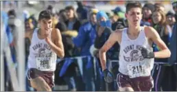  ?? DAVID M. JOHNSON - DJOHNSON@DIGITALFIR­STMEDIA.COM ?? Burnt Hills-Ballston Lake runner's Aidan Gillooley, right, and Tyler Berg finished strong to lead the Spartans to the Class B team title at the NYSPHSAA Cross Country Championsh­ips Saturday at Wayne High School.