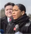  ?? ERIN BROWN/ SUN- TIMES ?? J. B. Pritzker looks on Thursday as Juliana Stratton, his running mate, speaks at a news conference.