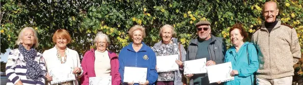  ?? ?? Proudly displaying their certificat­es at Thorpe Acre Village Green, flanked by Helen Burgess and Mike Jones are left to right, Brenda Needham (Men and Women in Sheds) June Bush (Thorpe Acre Community Associatio­n) Ann Parsons (Loughborou­gh Lions Hospital Project) Ann Green (Knightthor­pe Methodist Gardeners) Derrick Hurrell (Garendon Green Gardeners) and Jayne Kirkland (Friends of Stonebow Washlands)