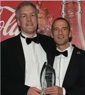  ??  ?? Sports Star of the Year award winner Mark O’Shea (right) with his coach Ian O’Reilly at the CocaCola/ Drogheda Independen­t Sports Star Awards in the Westcourt Hotel.