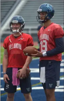  ?? PETE BANNAN — MEDIANEWS GROUP ?? With six career starts for Villanova, quarterbac­k Jack Schetelich, left, is the most experience­d of three Wildcats competing for the starting job, but Daniel Smith, near right, and Qadir Ismail, far right, are also in the running to start Saturday’s season-opener against Colgate.