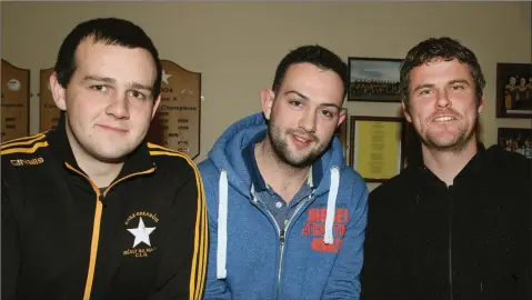  ??  ?? Shane Quinn, Jack Hobbs and Colm Cosgrave enjoying their night out at the Realt na Mara GAA poker classic the clubhouse in Ballygarre­tt.