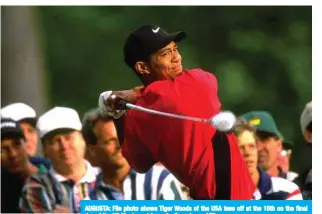  ??  ?? AUGUSTA: File photo shows Tiger Woods of the USA tees off at the 15th on the final day of the US Masters at Augusta, Georgia. — AFP