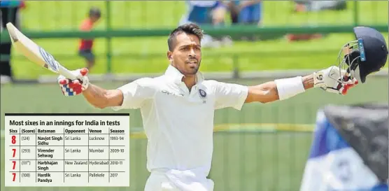  ?? AFP ?? Hardik Pandya scored 108 off 96 balls to collect his first Test century against Sri lanka in the third Test at Pallekele.