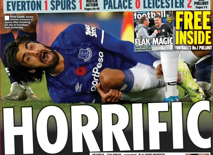  ??  ?? ■
PAIN GAME: Andre Gomes screams in agony after breaking his leg at Goodison Park yesterday