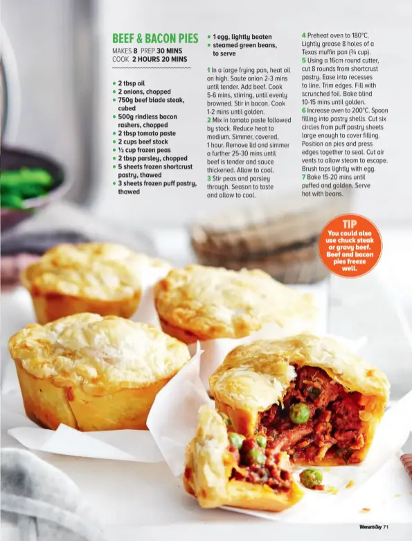  ?? ?? TIP You could also use chuck steak or gravy beef. Beef and bacon pies freeze well.