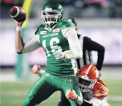  ?? PHOTOS: TROY FLEECE ?? The Riders were able to defeat the B.C. Lions 35-16 on Saturday despite a lack of passing prowess by Brandon Bridge, seen here, and Zach Collaros.