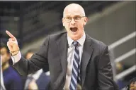  ?? Jessica Hill / Associated Press ?? UConn head coach Dan Hurley reacts during a game against Temple in January.