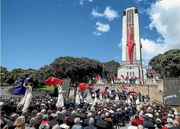  ?? GETTY IMAGES ?? Dancers perform in front of the Carillon during the Armistice Centenary National Ceremony at Pukeahu National War Memorial Park in Wellington.