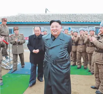  ?? AFP/Getty Images ?? Leader Kim Jong Un, center, inspects the test firing of a rocket system Thursday in this photo from North Korea’s official Central News Agency.