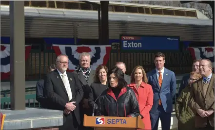  ?? PETE BANNAN - MEDIANEWS GROUP ?? Chester County Board of Commission­ers Chair, Marian Moskowitz, speaks as a SEPTA Regional Rail train pulls into the station, during the ceremonial unveiling of the renovated Exton train station on Monday.