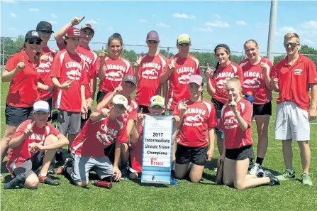  ?? SUBMITTED PHOTO ?? Chemong Public School beat James Strath Public School 5-3 in the final to win the KPREAA North Intermedia­te Mixed Ultimate Frisbee tournament held Thursday at Fleming Fields. Westmount Public School beat Adam Scott Intermedia­te in the the third place...