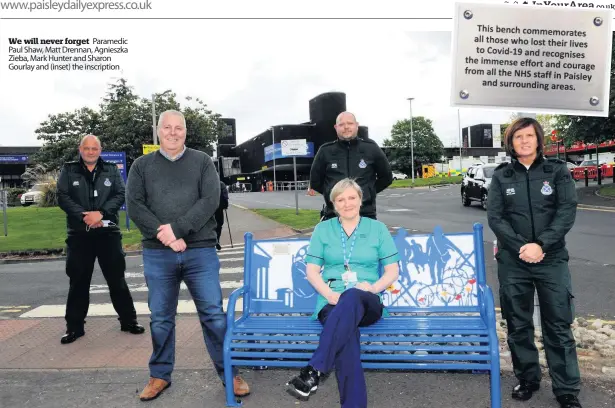  ??  ?? We will never forget Paramedic Paul Shaw, Matt Drennan, Agnieszka Zieba, Mark Hunter and Sharon Gourlay and (inset) the inscriptio­n