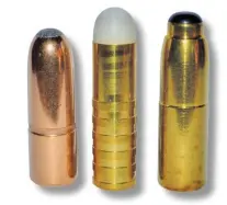  ??  ?? BOTTOM: Old-fashioned lead-core expanding bullets such as the 410gr, .416 Woodleigh (left) are safe to use in older rifles. The Woodleigh Hydrostati­cally Stabilised solid (centre) has “driving bands” along its shaft that reduces the bearing surface and stress on the barrel. Made from a softer alloy they are safe for use in old barrels. The Swift Break-Away leadcore solid (right) is also safe for use in older guns.