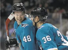  ?? Tony Avelar / Associated Press ?? The Sharks’ Jannik Hansen (36) and Tomas Hertl (48) both scored in San Jose’s victory over the Vegas Golden Knights.