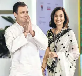  ?? KUNAL PATIL/HT PHOTO ?? Congress president Rahul Gandhi with Shobhana Bhartia, Chairperso­n and Editorial Director ofHT Media Ltd, during the opening session of the Hindustan Times Leadership Summit in New Delhi on Friday.