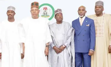  ?? PHOTO: State House ?? From left: Governor of Sokoto State, Ahmad Aliyu; Vice President of Nigeria, Kashim Shettima; Minister of Labour & Employment, Hon. Simon Lalong; MD/CEO Wema Bank, Moruf Oseni and Deputy Chief of Staff to the President, Sen. Ibrahim Hadejia at the FGN/ALAT Digital SkillNovat­ion Programme for MSMEs held at the Villa, Abuja yesterday