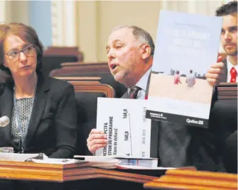  ??  ?? Pierre Paradis a utilisé deux tableaux afin de prouver le bien-fondé de la réforme du Programme de remboursem­ent de taxes foncières agricoles.