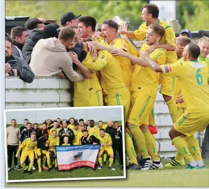  ?? PICTURE: Andy Nunn ?? MISSION COMPLETE: Thurrock celebrate promotion back to the Ryman Premier with fans after avenging their 4-0 league defeat at Maldon & Tiptree back in February
