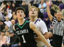  ?? RANDY MEYERS — FOR THE MORNING JOURNAL ?? Columbia’s Caleb Borling and Sean Saterlee of Keystone compete for a rebound on Feb. 21.