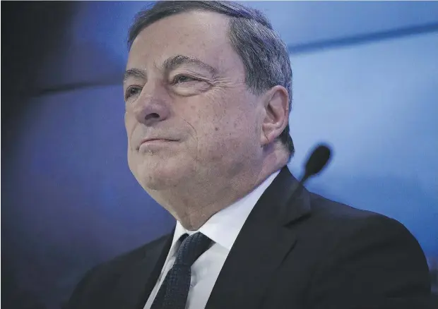  ?? MATTHEW LLOYD / BLOOMBERG ?? Mario Draghi, president of the European Central Bank, at a panel session Friday at the World Economic Forum in Davos. Asked about current economic conditions, he said, “We basically see a recovery that is continuing at modest pace, but it’s a regular...