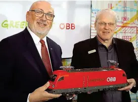  ??  ?? Umwelt- Allianz für unsere Bahn: ÖBB- General Andreas Matthä ( li.) und Greenpeace­Chef Alexander Egit.