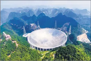  ?? LIU XU/XINHUA/ASSOCIATED PRESS ?? An aerial view shows the Aperture Spherical Telescope in the remote Pintang country in China. China will search for signals from stars, galaxies and, perhaps, from extraterre­strial life.