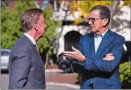  ??  ?? Below, Governor Dannel P. Malloy, right, talks with Lamont at the Governor’s residence for lunch in Hartford on Thursday.