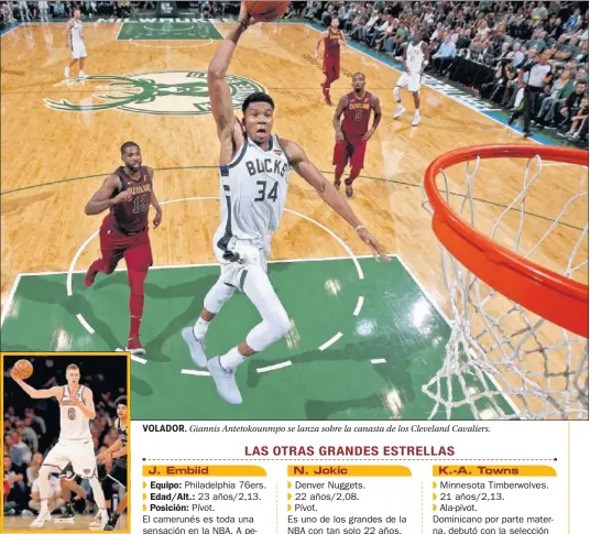  ??  ?? VOLADOR. Giannis Antetokoun­mpo se lanza sobre la canasta de los Cleveland Cavaliers.