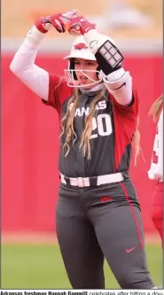  ?? (University of Arkansas/Gunnar Rathbun) ?? Arkansas freshman Hannah Gammill celebrates after hitting a double Saturday during the No. 8 Razorbacks’ 4-0 victory over No. 3 Alabama at Bogle Park in Fayettevil­le.