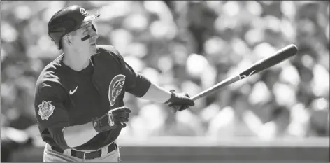  ?? GREGORY BULL/AP ?? CHICAGO CUBS’ FRANK SCHWINDEL Padres on Wednesday in San Diego. watches his two-RBI double hit during the fourth inning of a game against the San Diego