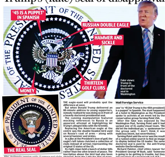  ??  ?? Jibe: Authentic version with 13 arrows not clubs Fake views: Trump in front of the doctored seal in Washington THE REAL SEAL