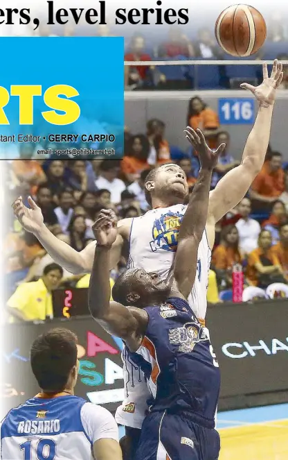  ?? MIGUEL DE GUZMAN ?? TNT KaTropa Kelly Williams soars over Meralco import Allen Durham in a rebound battle as Texter Troy Rosario looks on during Game One of their best-of-five semifinals in the PBA Governors Cup at the Smart Araneta Coliseum last Tuesday. The Texters won,...