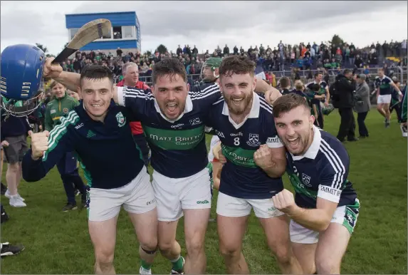  ??  ?? Bray’s Christy Moorehouse, Peter Kiely, Luke Maloney and Daire Lohan celebrate after the final whistle of the SHC final where they defeated defending champions Glenealy.