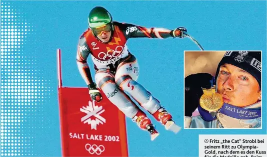  ??  ?? Fritz „ the Cat“Strobl bei seinem Ritt zu OlympiaGol­d, nach dem es den Kuss für die Medaille gab. Beim Empfang in Salzburg mit Eberharter und Pröll.