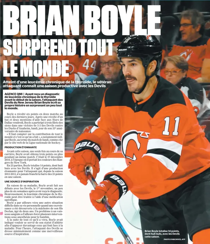  ?? PHOTO D’ARCHIVES, AFP ?? Brian Boyle totalise 14 points, dont huit buts, avec les Devils cette saison.