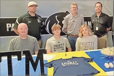  ?? Contribute­d ?? Mike and Sally Brewer were among those on hand to watch Ridgeland senior Hayden Brewer sign papers to continue his baseball career at Truett-McConnell University in Cleveland, Ga. Also attending the ceremony were Ridgeland head coach Scott Harden, Ridgeland athletic director Tim Sparks and Ridgeland assistant coach Dee Arnold.