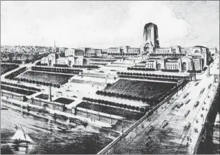  ??  ?? The 1928 Bartholome­w Plan included this proposed art deco civic centre at Burrard and Pacific. The Burrard Bridge was the only part of the proposed facility that got built.