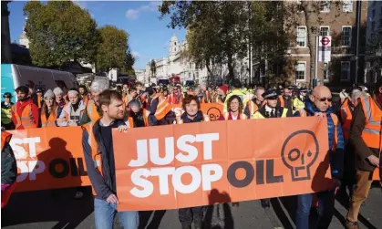  ?? Photograph: Lucy North/PA ?? Just Stop Oil activists demonstrat­e in Whitehall in November. Stephen Gingell was arrested after a protest in north London later that month.