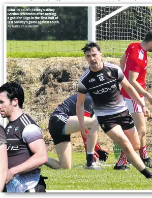  ?? PICTURES BY ALAN FINN ?? GOAL DELIGHT: Easkey’s Mikey Gordon celebrates after netting a goal for Sligo in the first-half of last Sunday’s game against Louth.