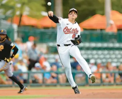  ?? MIKE EHRMANN/GETTY ?? Orioles prospect Coby Mayo, throwing to first base during a spring training game against the Pirates on Feb. 29, has impressed manager Brandon Hyde with his defense at third base.