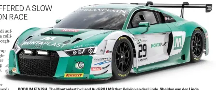  ?? Picture: Audi Sport ?? PODIUM FINISH. The Montaplast by Land Audi R8 LMS that Kelvin van der Linde, Sheldon van der Linde and Jeffrey Schmidt took to third place overall in the weekend’s Spa 24-Hour GT3 race.