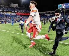  ?? Adrian Kraus/associated Press ?? Kansas City Chiefs quarterbac­k Patrick Mahomes reacts after defeating the Buffalo Bills in an NFL AFC division playoff football game on Sunday.