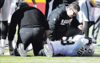  ?? Heidi Fang ?? Raiders wide receiver Amari Cooper is looked at by trainers after his alreadyten­der left ankle was rolled upon in the second quarter of the team’s 26-15 loss to the Chiefs on Sunday in Kansas City. Cooper left the game and did not return.
Las Vegas...