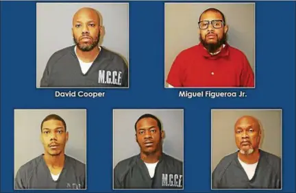  ?? PHOTO COURTESY OF THE MONTGOMERY COUNTY DISTRICT ATTORNEY ?? Top row, from left, David Cooper, Miguel Figueroa Jr. Bottom row, from left, Aaron Ramseure, Christophe­r Saunders, Gerome Tucker.