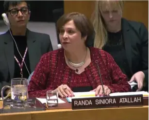  ?? (Screenshot) ?? RANDA SINIORA ATALLAH addresses the UN Security Council yesterday.