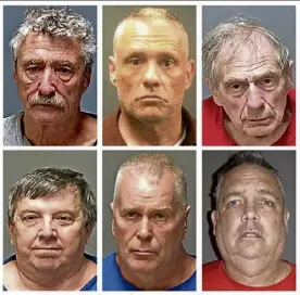  ?? New Hampshire attorney General's via ap ?? this combo of undated handout booking photos provided by the new Hampshire attorney General's office shows, from top row left, Bradley asbury, Jeffrey Buskey and Frank davis; bottom row from left, lucien poulette, James woodlock and stephen Murphy. the six men were arrested wednesday in connection with sexual abuse allegation­s at new Hampshire's state-run youth detention center.